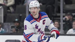 New York Rangers defenceman Jacob Trouba against the San Jose Sharks during the first period of an NHL hockey game, Tuesday, Jan. 23, 2024, in San Jose, Calif. (Godofredo A. Vásquez/AP) 