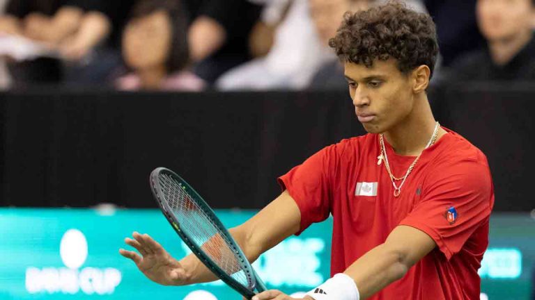 Gabriel Diallo of Canada reacts during his game against Hong Seongchan of South Korea during the Davis Cup tennis qualifiers in Montreal, Saturday, Feb. 3, 2024. (Christinne Muschi/CP)