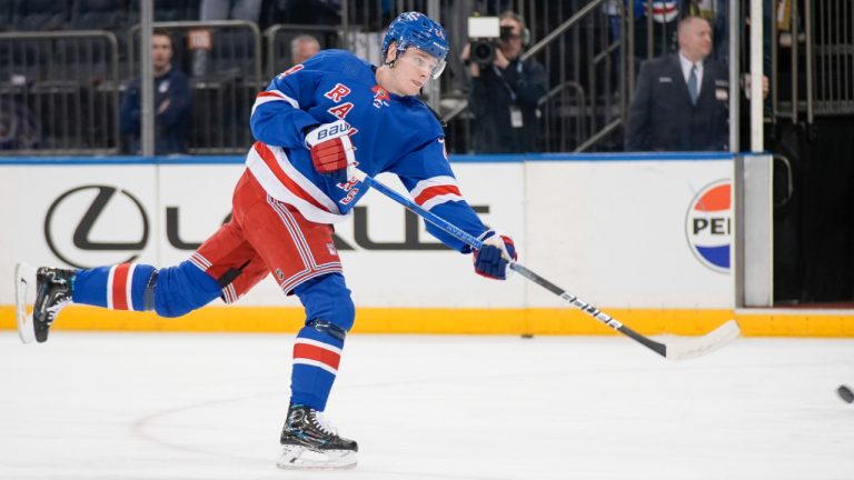 New York Rangers right wing Kaapo Kakko warms up before an NHL hockey game against the Calgary Flames, Monday, Feb. 12, 2024, in New York. (Bryan Woolston/AP) 