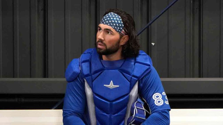 Toronto Blue Jays catcher Payton Henry sits in the bullpen during a baseball spring training workout Sunday, Feb. 18, 2024, in Dunedin, Fla. (Charlie Neibergall/AP)