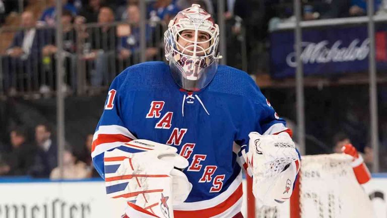 New York Rangers goaltender Igor Shesterkin (31) reacts after Washington Capitals' Connor McMichael scored a goal during the first period in Game 2 of an NHL hockey Stanley Cup first-round playoff series, Tuesday, April 23, 2024, in New York. (Frank Franklin II/AP)