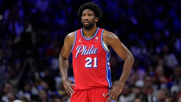 Philadelphia 76ers' Joel Embiid plays during Game 4 in an NBA basketball first-round playoff series, Sunday, April 28, 2024, in Philadelphia. (Matt Slocum/AP)