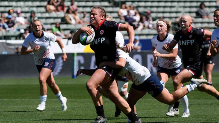 Canada's Alexandria Ellis carries during the second half of a Pacific Four Series women's rugby match against the United States, Sunday, April 28, 2024, in Carson, Calif. (Marcio Jose Sanchez/AP)