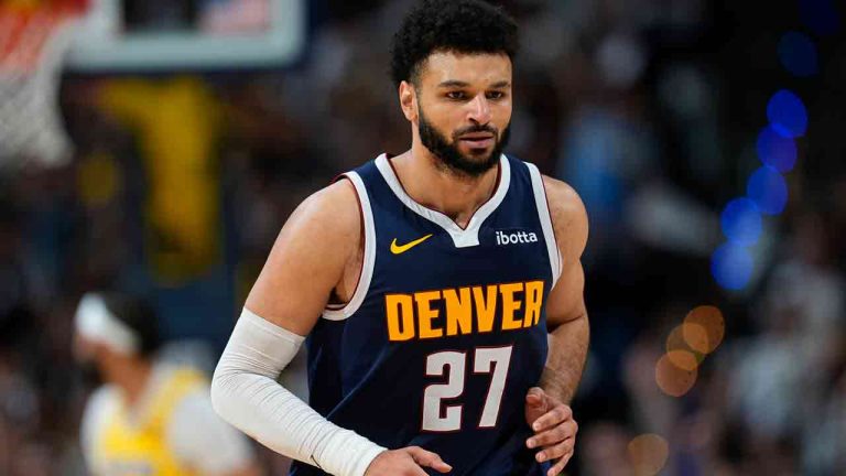 Denver Nuggets guard Jamal Murray (27) in the second half of Game 5 of an NBA basketball first-round playoff series Monday, April 29, 2024, in Denver. (David Zalubowski/AP)