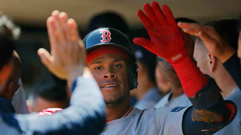 Boston Red Sox's Ceddanne Rafaela celebrates his two-run home run against the Minnesota Twins in the fifth inning of a baseball game, Sunday, May 5, 2024, in Minneapolis. (Bruce Kluckhohn/AP)