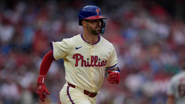 Philadelphia Phillies' Whit Merrifield plays during the fifth inning of a baseball game, Monday, May 6, 2024, in Philadelphia. (Matt Rourke/AP)