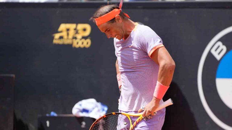 Rafael Nadal, of Spain, pauses during his match against Hubert Hurkacz, of Poland, at the Italian Open tennis tournament in Rome, Saturday, May 11, 2024.(Gregorio Borgia/AP)