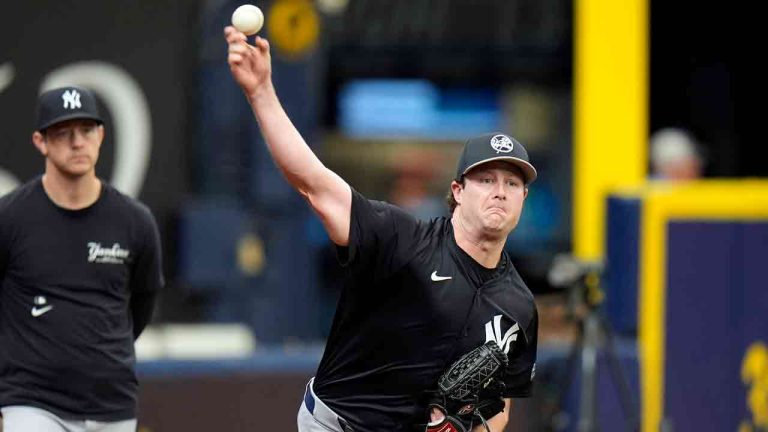 New York Yankees pitcher Gerrit Cole throws a bullpen session before a baseball game against the Tampa Bay Rays, Saturday, May 11, 2024, in St. Petersburg, Fla. (Chris O'Meara/AP)