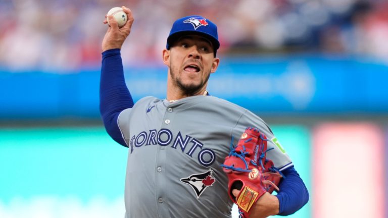 Toronto Blue Jays' Jose Berrios plays during a baseball game, Tuesday, May 7, 2024, in Philadelphia. (AP Photo/Matt Slocum) 