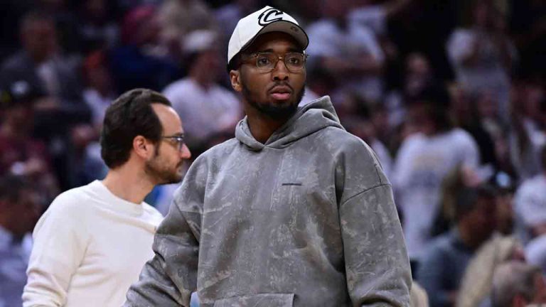 Cleveland Cavaliers guard Donovan Mitchell looks on during the the first half of Game 4 of an NBA basketball second-round playoff series against the Boston Celtics, Monday, May 13, 2024, in Cleveland. (David Dermer/AP)