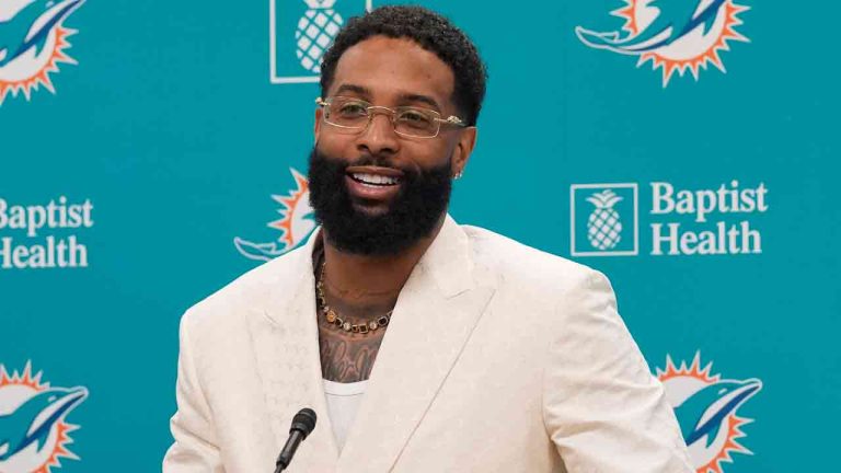 Odell Beckham Jr. speaks during an NFL football news conference, Wednesday, May 15, 2024, in Miami Gardens, Fla. Beckham, a wide receiver, signed a one year contract with the Miami Dolphins. (Marta Lavandier/AP)