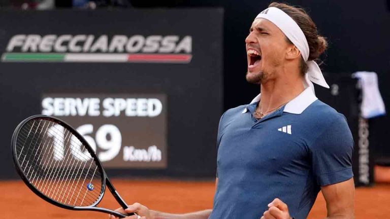 Alexander Zverev, of Germany, reacts after defeating Nicolas Jarry, of Chile, in the Italian Open tennis tournament final match at Rome's Foro Italico, Sunday, May 19, 2024. Zverev won 6-4/7-5. (Alessandra Tarantino/AP)