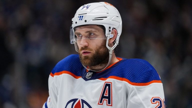 Edmonton Oilers' Leon Draisaitl waits to take a faceoff during the second period in Game 7 of an NHL hockey Stanley Cup second-round playoff series against the Vancouver Canucks, in Vancouver, on Monday, May 20, 2024. (Darryl Dyck/CP)