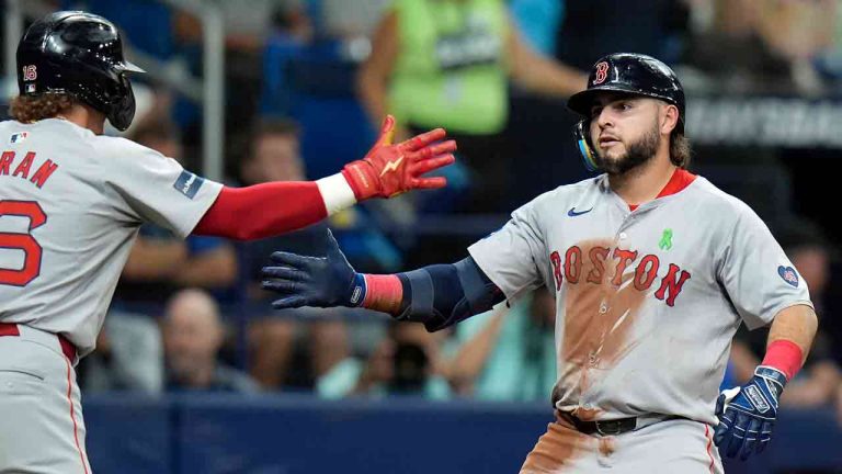 Boston Red Sox's Wilyer Abreu, right, celebrates his two-run home run off Tampa Bay Rays relief pitcher Kevin Kelly with Jarren Duran during the sixth inning of a baseball game Wednesday, May 22, 2024, in St. Petersburg, Fla. (Chris O'Meara/AP)