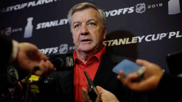 Don Waddell, then general manager of the Carolina Hurricanes, faces reporters during a media availability Wednesday, May 8, 2019, in Boston. (Steven Senne/AP)