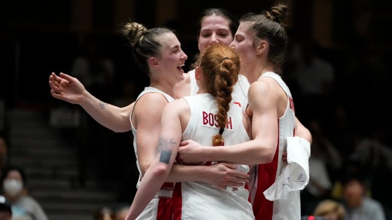 The Canadian women's 3x3 basketball team went undefeated Thursday as play opened at an Olympic qualifying tournament. (AP/Shuji Kajiyama)