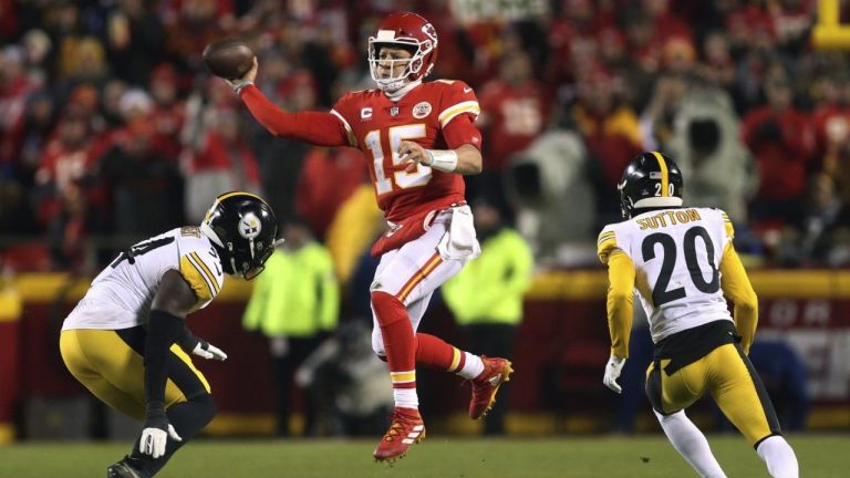 Kansas City Chiefs quarterback Patrick Mahomes throws a pass during the first half of an NFL wild-card playoff football game against the Pittsburgh Steelers, Sunday, Jan. 16, 2022, in Kansas City, Mo. (Travis Heying/AP Photo)
