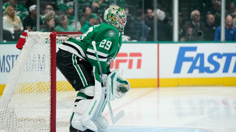 Dallas Stars' Jake Oettinger stands in the net against the Colorado Avalanche in Game 5 of an NHL hockey Stanley Cup second-round playoff series in Dallas, Wednesday, May 15, 2024. (Tony Gutierrez/AP)