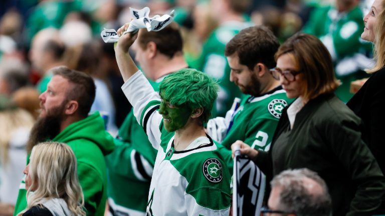 A Dallas Stars fan cheers on the team in Game 7 of an NHL hockey Stanley Cup first-round playoff series against the Vegas Golden Knights, Sunday, May 5, 2024, in Dallas. Dallas won 2-1 to advance to the second-round. (Brandon Wade/AP)