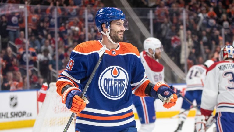 Edmonton Oilers' Adam Henrique (19) celebrates a goal against the Montreal Canadiens during second period NHL action in Edmonton on Tuesday March 19, 2024. (Jason Franson/CP)