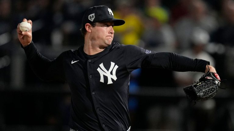 New York Yankees starting pitcher Gerrit Cole throws during the first inning of a spring training baseball game against the Toronto Blue Jays Friday, March 1, 2024, in Tampa, Fla. (Charlie Neibergall/AP Photo)