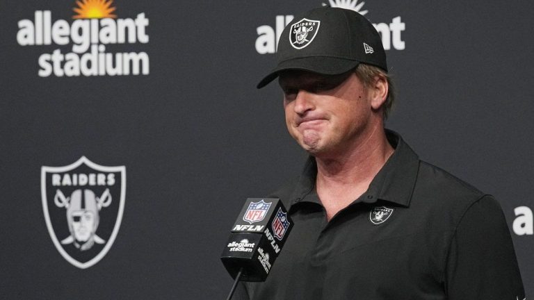 Then-Las Vegas Raiders head coach Jon Gruden speaks during a news conference after an NFL football game against the Chicago Bears, Sunday, Oct. 10, 2021, in Las Vegas. (Rick Scuteri/AP Photo)