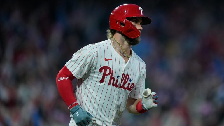 Philadelphia Phillies' Bryce Harper plays during the third inning of a baseball game. (AP Photo/Matt Rourke)