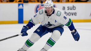 Vancouver Canucks centre J.T. Miller (9) plays against the Nashville Predators during the first period in Game 3 of an NHL hockey Stanley Cup first-round playoff series Friday, April 26, 2024, in Nashville, Tenn. (George Walker IV/AP)