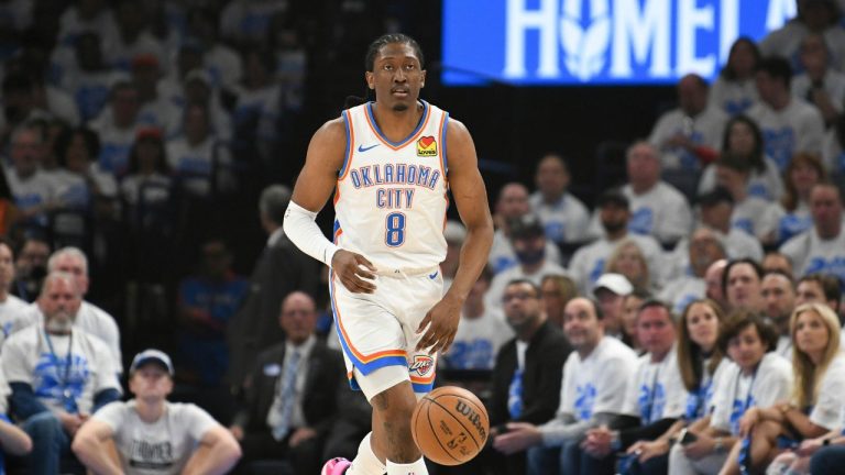 Oklahoma City Thunder forward Jalen Williams pushes down the court in the first half of Game 1 of an NBA basketball first-round playoff series against the New Orleans Pelicans. (Kyle Phillips/AP)