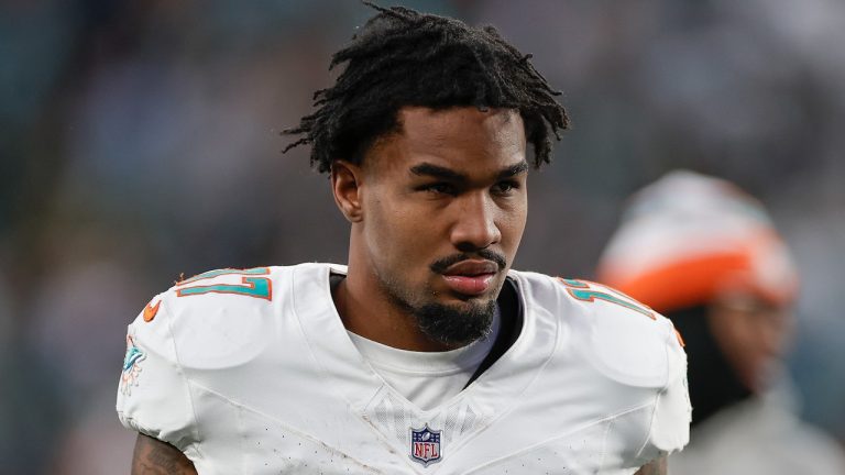 Miami Dolphins wide receiver Jaylen Waddle (17) comes off the field at halftime of an NFL football game against the New York Jets, Friday, Nov. 24, 2023, in East Rutherford, N.J. (AP Photo/Adam Hunger)