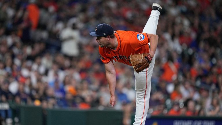 Houston Astros pitcher Joel Kuhnel works in relief during the fifth inning of a baseball game against the Texas Rangers Friday, April 12, 2024, in Houston. (Kevin M. Cox/AP Photo)