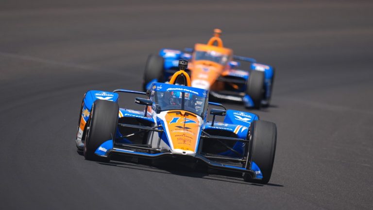 Kyle Larson drives through the first turn during the final practice for the Indianapolis 500 auto race at Indianapolis Motor Speedway in Indianapolis, Friday, May 24, 2024. (AP Photo/Michael Conroy)