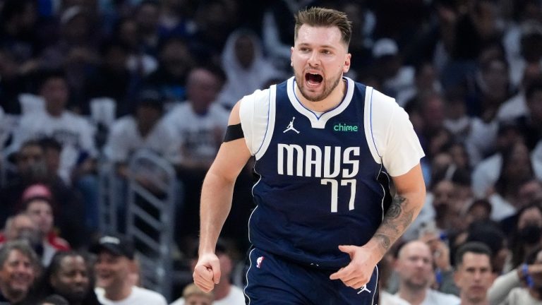 Dallas Mavericks guard Luka Doncic yells after scoring during the first half in Game 5 of an NBA basketball first-round playoff series against the Los Angeles Clippers Wednesday, May 1, 2024, in Los Angeles. (AP Photo/Mark J. Terrill)