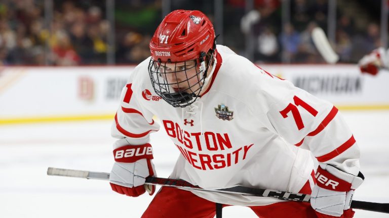 Macklin Celebrini of the Boston University Terriers is expected to be taken first overall in this summer's NHL Draft. (Richard T Gagnon/Getty Images)