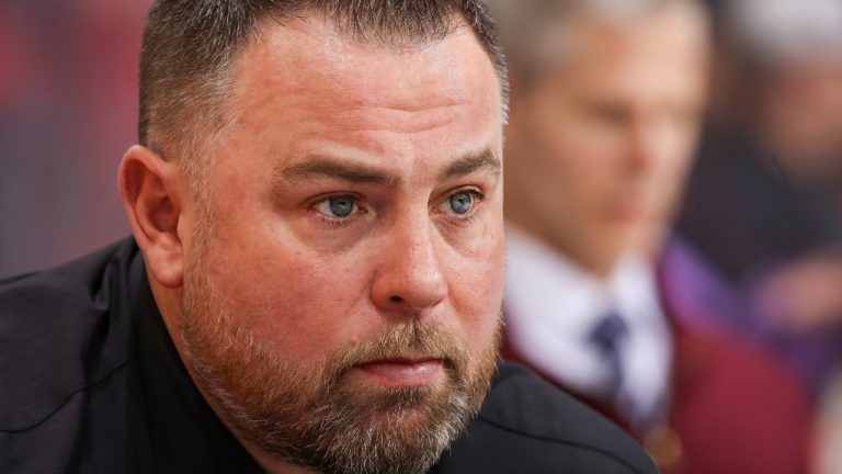 Marc Savard, former assistant coach of the Calgary Flames during warm ups against the San Jose Sharks at Scotiabank Saddledome on April 18, 2024 in Calgary, Alberta, Canada. (Photo by Gerry Thomas/NHLI via Getty Images)