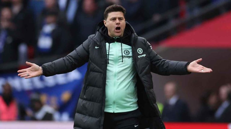 Chelsea's head coach Mauricio Pochettino reacts during the English FA Cup semifinal soccer match between Manchester City and Chelsea at Wembley stadium. (Ian Walton/AP)