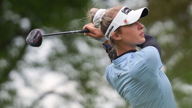 Nelly Korda hits off the fourth tee during the first round of the LPGA Cognizant Founders Cup golf tournament, Thursday, May 9, 2024, in Clifton, N.J. (Seth Wenig/AP)