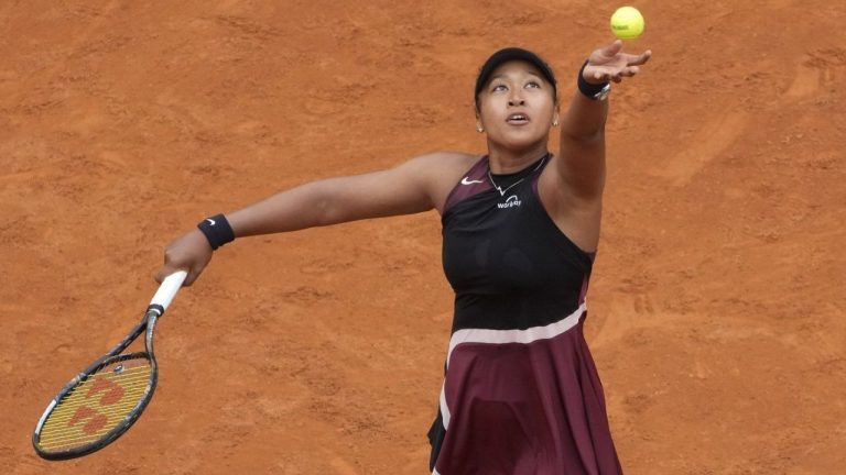 Japan's Naomi Osaka serves the ball to France's Clara Borel during their match at the Italian Open tennis tournament in Rome, Wednesday, May 8, 2024. (Gregorio Borgia/AP Photo)
