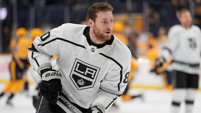 Los Angeles Kings centre Pierre-Luc Dubois warms up before the team's NHL hockey game against the Nashville Predators, Wednesday, Jan. 31, 2024, in Nashville, Tenn. (George Walker IV/AP)