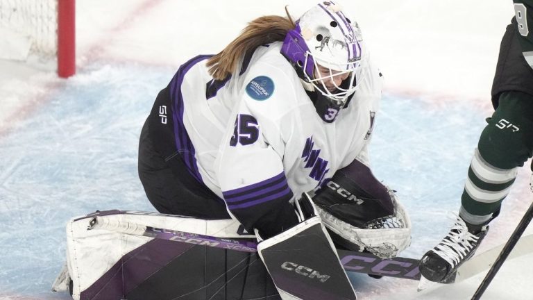 Minnesota goalie Maddie Rooney deflects the puck during the first period of Game 1 of a PWHL hockey championship series against Boston, in Lowell, Mass., Sunday, May 19, 2024. (Steven Senne/AP Photo)
