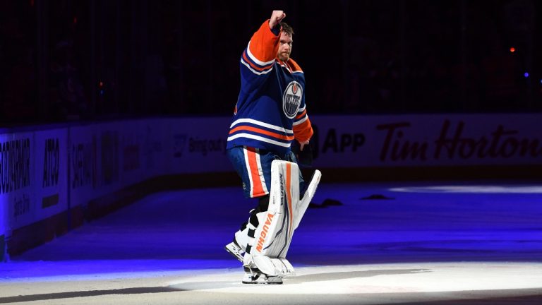 Goaltender Calvin Pickard #30 of the Edmonton Oilers salutes the fans after his team's win over the Vancouver Canucks after Game Four of the Second Round of the 2024 Stanley Cup Playoffs at Rogers Place on May 14, 2024, in Edmonton, Alberta, Canada. (Photo by Andy Devlin/NHLI via Getty Images)