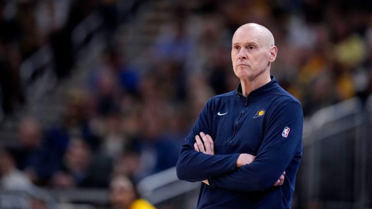 Indiana Pacers head coach Rick Carlisle watches from the bench during the second half of Game 4 against the New York Knicks in an NBA basketball second-round playoff series, Sunday, May 12, 2024, in Indianapolis. (AP Photo/Michael Conroy)