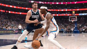 Oklahoma City Thunder guard Shai Gilgeous-Alexander looks for an opening to the basket as Dallas Mavericks' Luka Doncic defends during the first half of Game 4 of an NBA basketball second-round playoff series, Monday, May 13, 2024, in Dallas. (Tony Gutierrez/AP Photo)