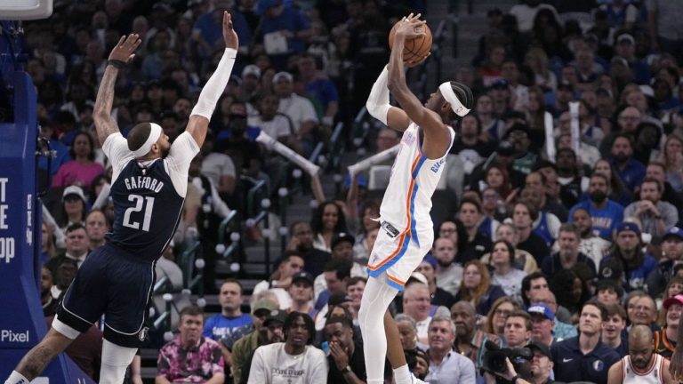 Oklahoma City Thunder's Shai Gilgeous-Alexander shoots over Dallas Mavericks' Daniel Gafford in the second half in Game 4 of an NBA basketball second-round playoff series Monday, May 13, 2024, in Dallas. (Tony Gutierrez/AP Photo)
