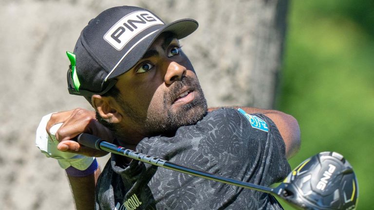 Sahith Theegala of Chino Hills, Ca. watches his tee shot on the 4th hole in the second round of the Canadian Open in Hamilton on Friday, May 31, 2024. (Frank Gunn/CP)