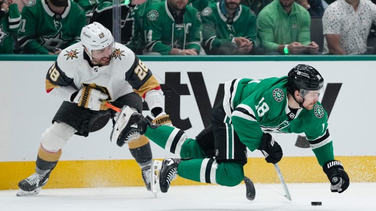 Dallas Stars centre Sam Steel (18) is tripped by Vegas Golden Knights' William Carrier (28) in the first period in Game 5 of an NHL hockey Stanley Cup first-round playoff series in Dallas, Wednesday, May 1, 2024. Carrier was issued a penalty on the play. (Tony Gutierrez/AP)