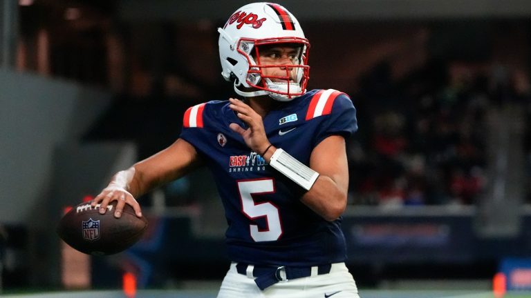 West's Taulia Tagovailoa, of Maryland, participates in the East West Shrine Bowl NCAA college football game in Frisco, Texas, Thursday, Feb. 1, 2024. (AP Photo/Julio Cortez)