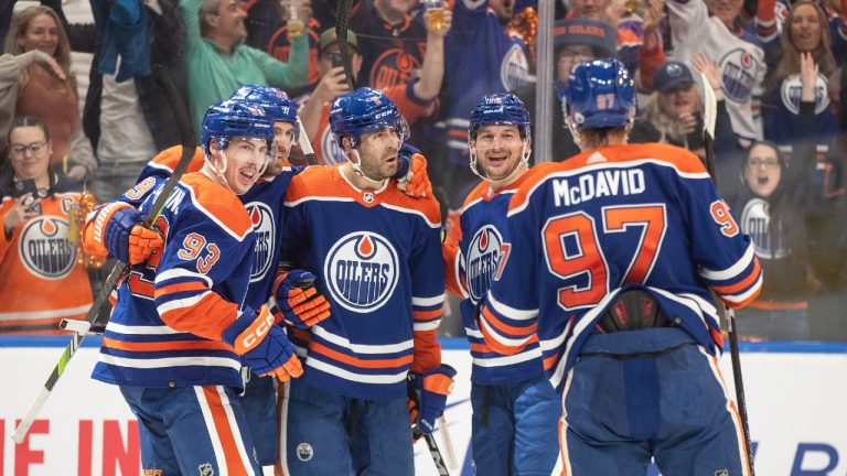 Edmonton Oilers' Ryan Nugent-Hopkins (93), Leon Draisaitl (29), Evan Bouchard (2), Zach Hyman (18) and Connor McDavid (97) celebrate a goal against the Los Angeles Kings during second period NHL playoff action in Edmonton on Wednesday May 1, 2024. (Jason Franson/CP)