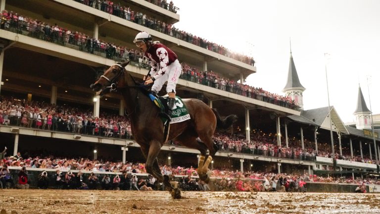 Brian Hernandez Jr. rides Thorpedo Anna to win he 150th running of Kentucky Oaks horse race at Churchill Downs Friday, May 3, 2024, in Louisville, Ky. (Jeff Roberson/AP)