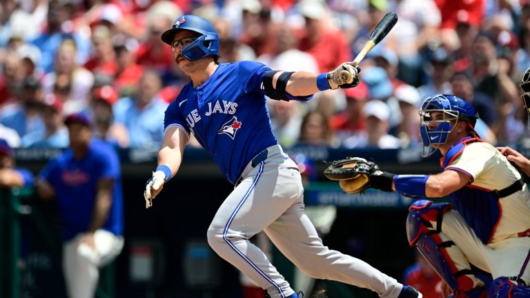 Toronto Blue Jays' Davis Schneider in action during a baseball game against the Philadelphia Phillies, Wednesday, May 8, 2024, in Philadelphia. (Derik Hamilton/AP)